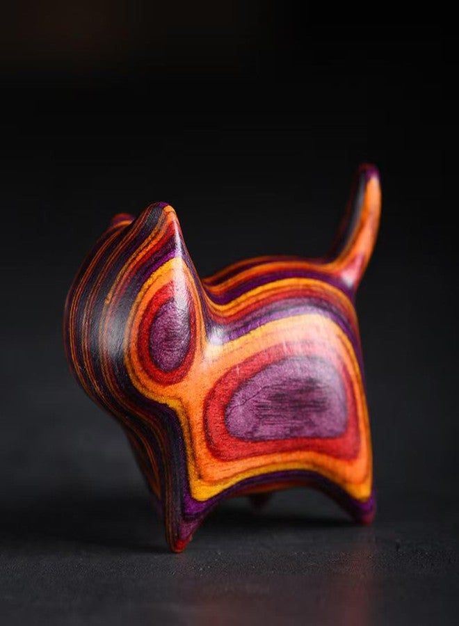ALHBEJT Wooden Cat Figurines Sculpture Statue Lovely Small Carved Cat Statue Handmade Wood Kitten Art Carving Work for Home Office Decoration (Orange Purple) - Image 1